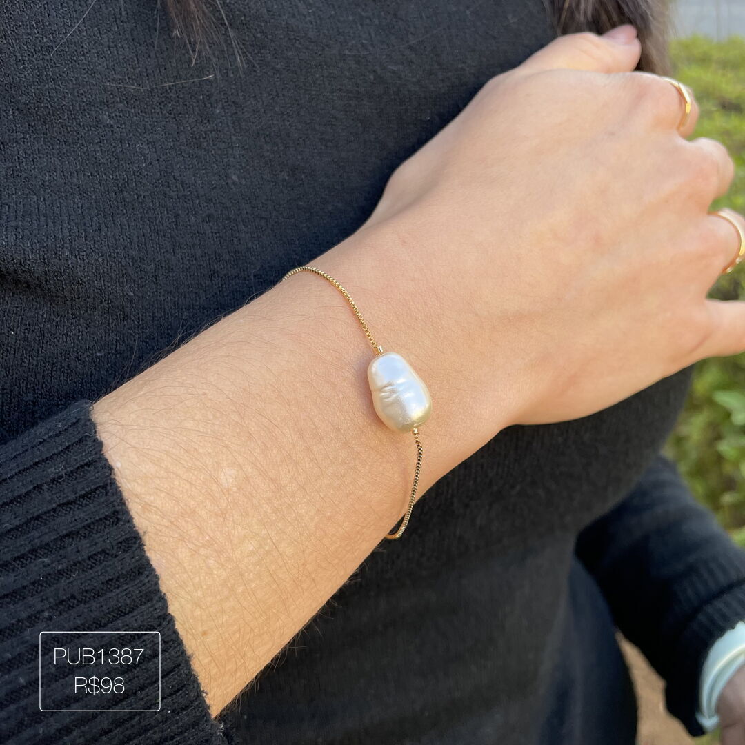 Pulseira c/ Pérola de Água Doce Liso Dourado